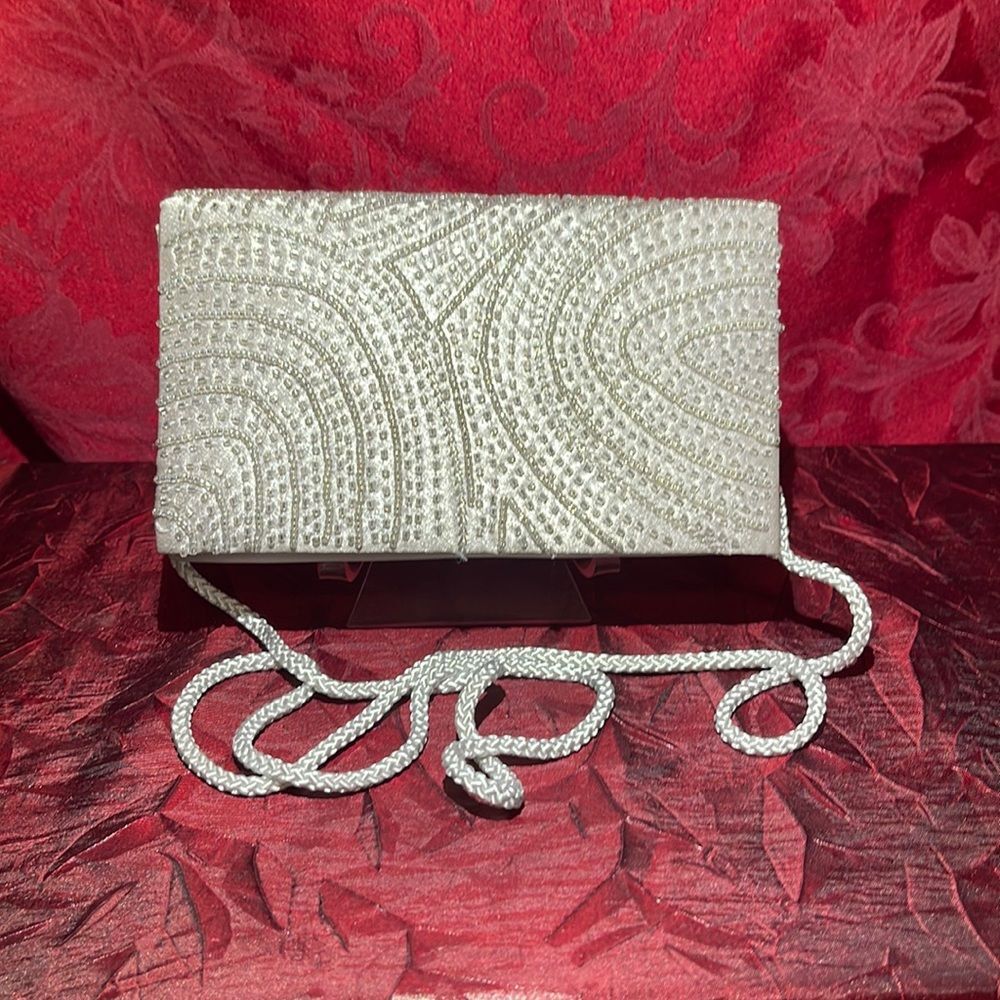 La Regale Gray Satin Silver Beaded‎ Evening Bag/Clutch Braided Satin Cord